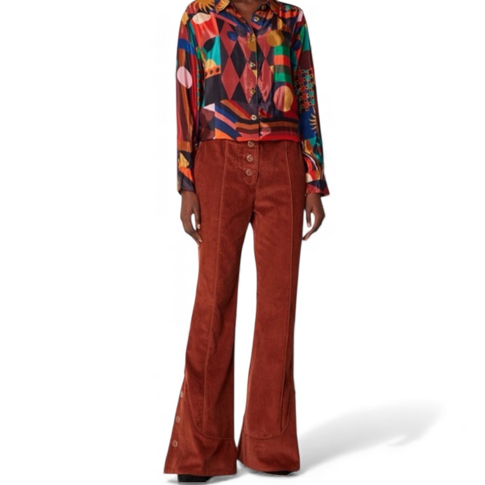 NWT Farm Rio Corduroy Button-Front Flare Pants – Brown – Size S MSRP $230 - Picture 2 of 4